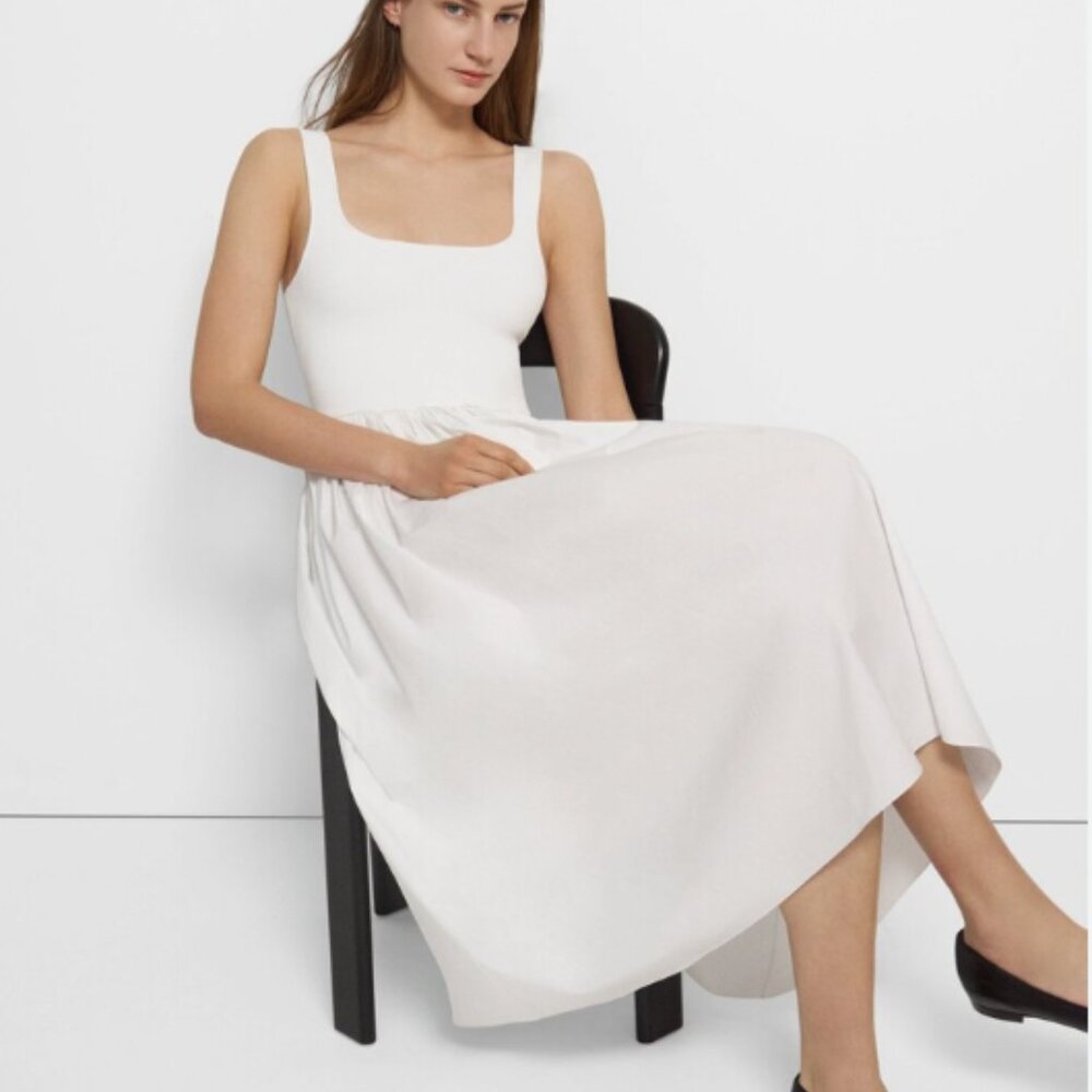 COPY - Theory - Classic summer flowy sleevless square neckline dress in White S…